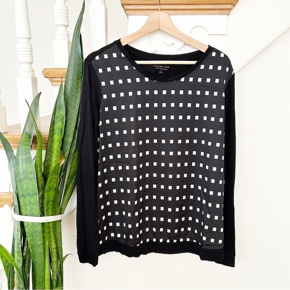 Coldwater Creek Black White High Rise Windows Long Sleeve Round Neck Top Size M